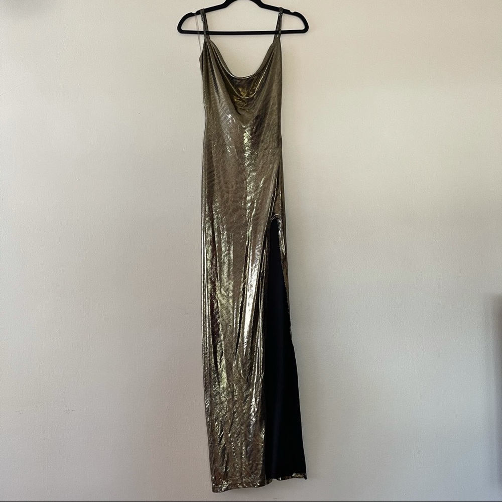 Gold Cowl Neck and Back High Slit Formal Dress